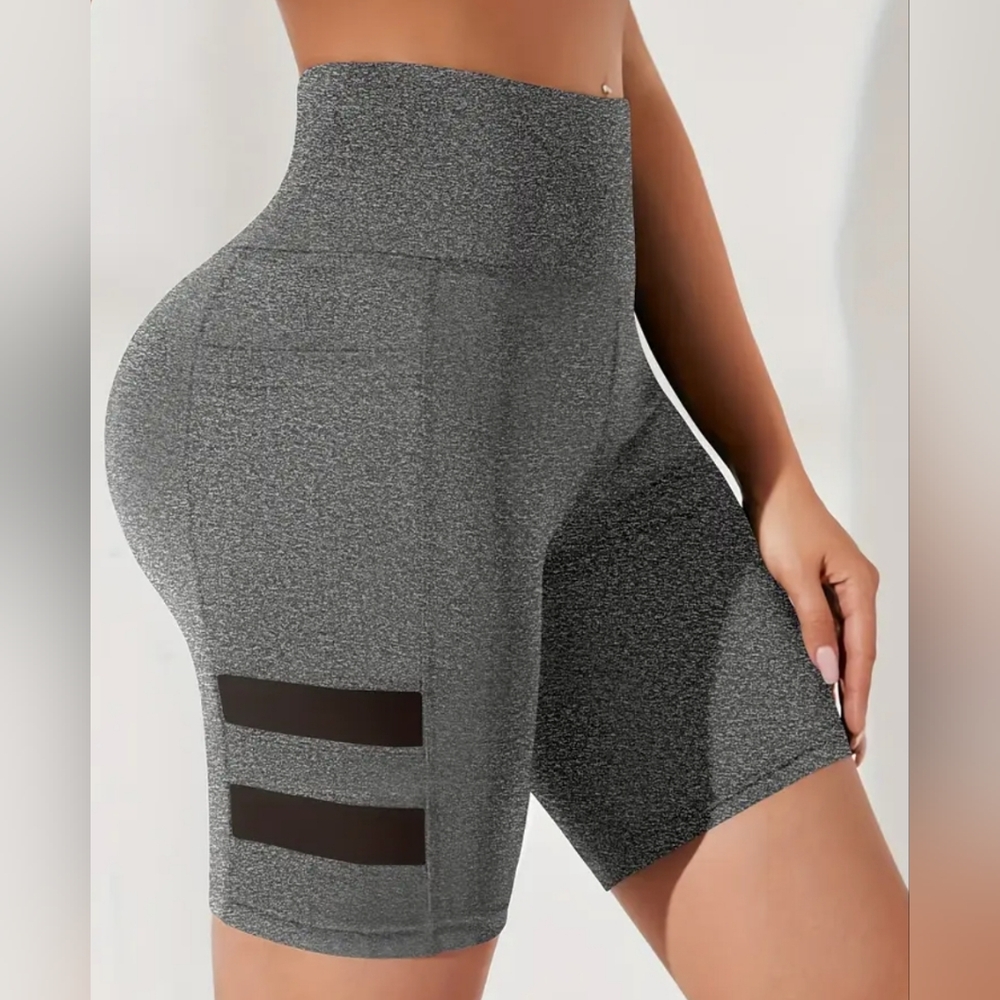 Athletic gym biker high waist cycling yoga shorts pockets mesh striped